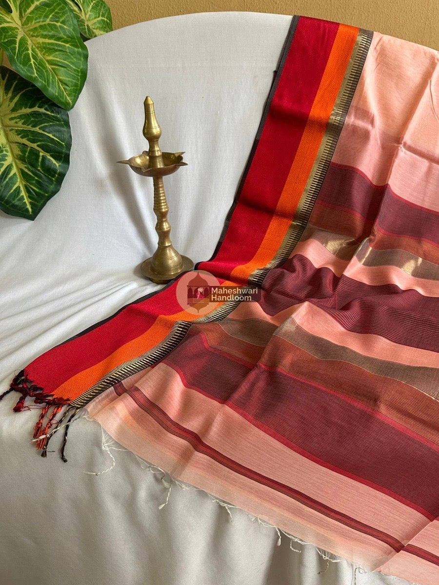 Maheshwari Peach Multicolor Border Saree 04