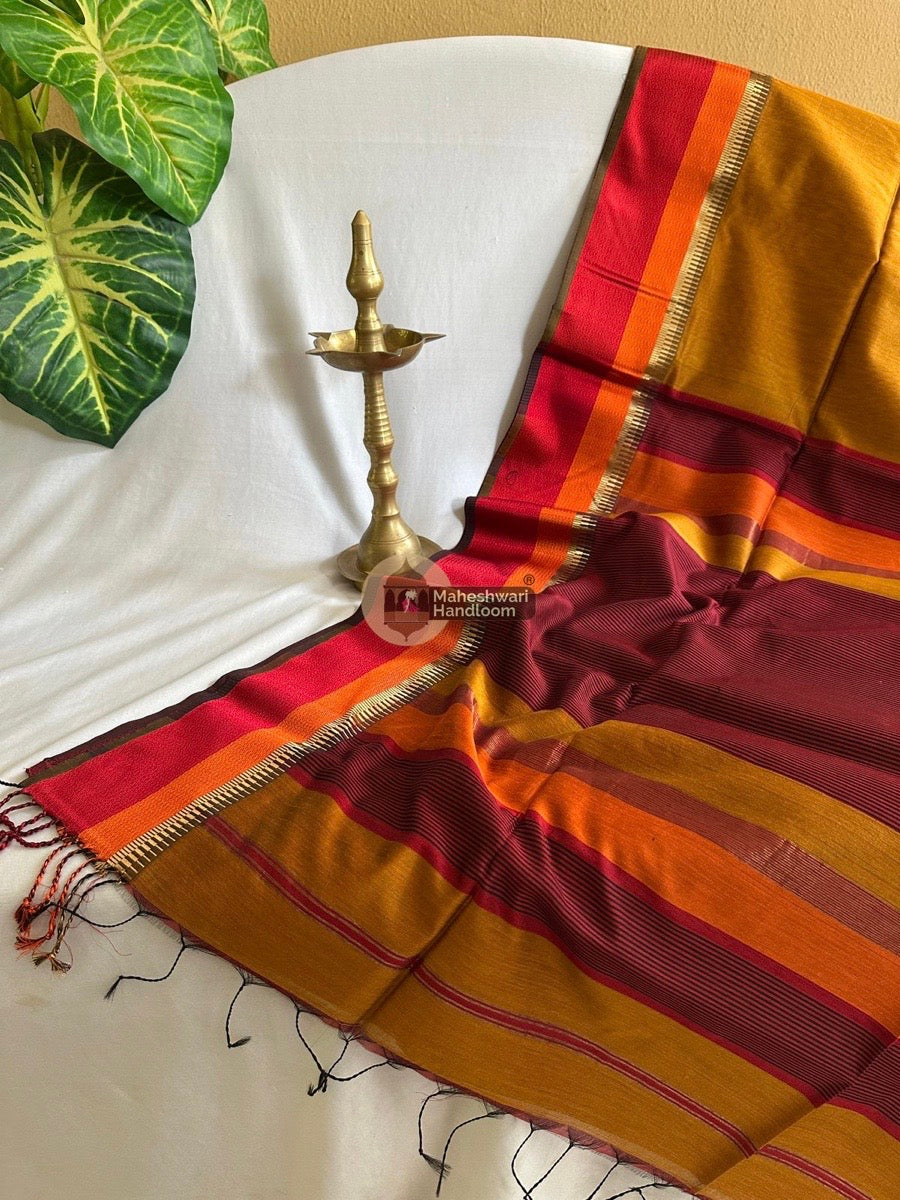 Maheshwari Mustard Yellow Multicolor Border Saree 03