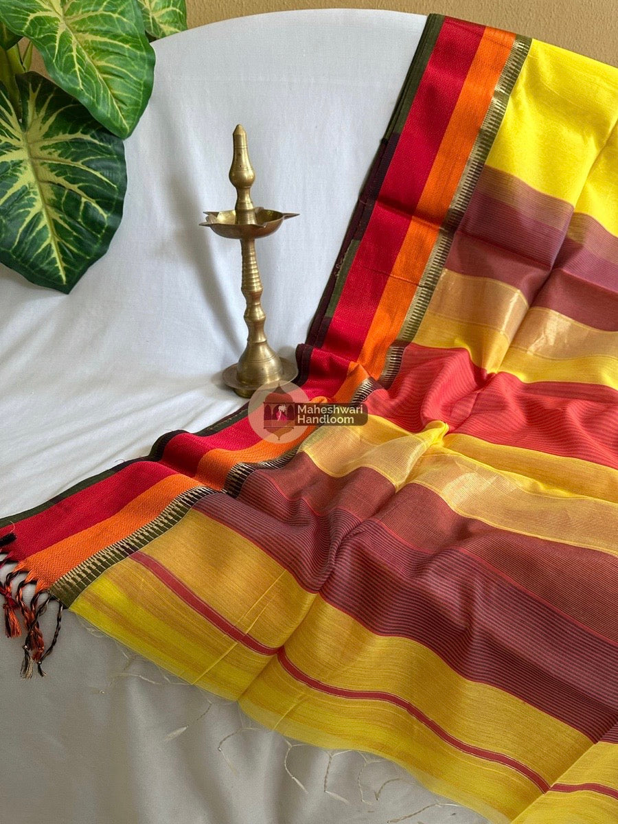 Maheshwari Lemon Yellow Multicolor Border Saree 05