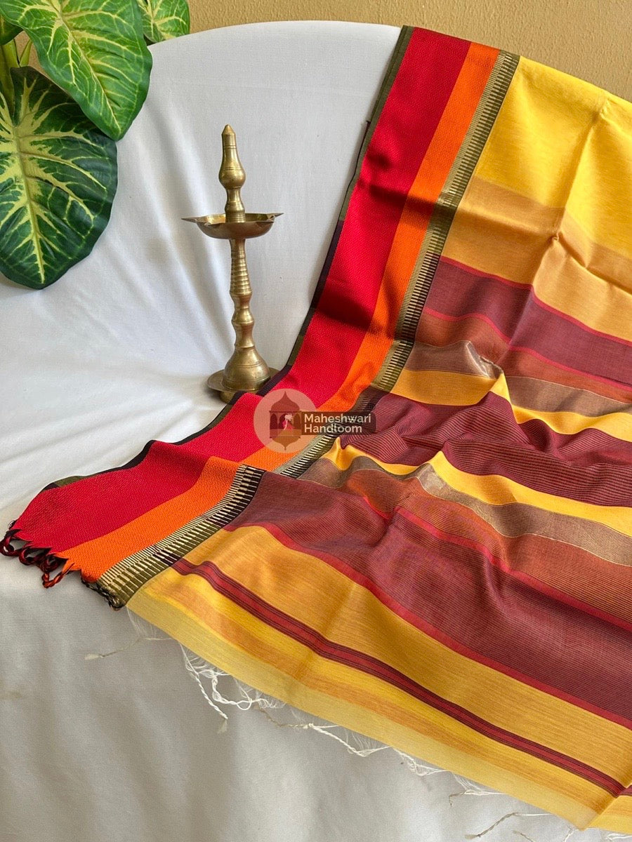 Maheshwari Yellow Multicolor Border Saree 10