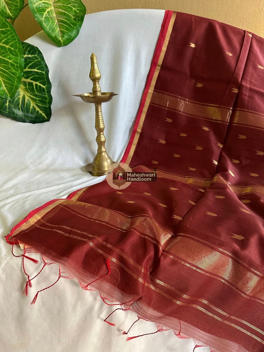 Brown Maheshwari Zari Butti Saree 03