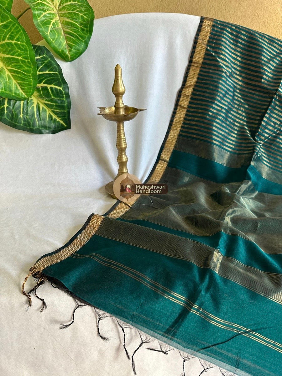 Maheshwari Dark Sea Green Tissue Silk Saree 09