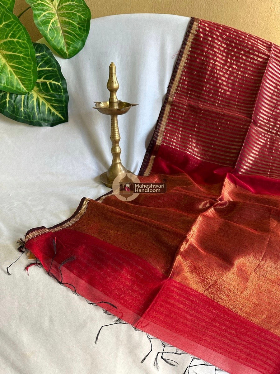 Maheshwari Red Tissue Silk Saree 08