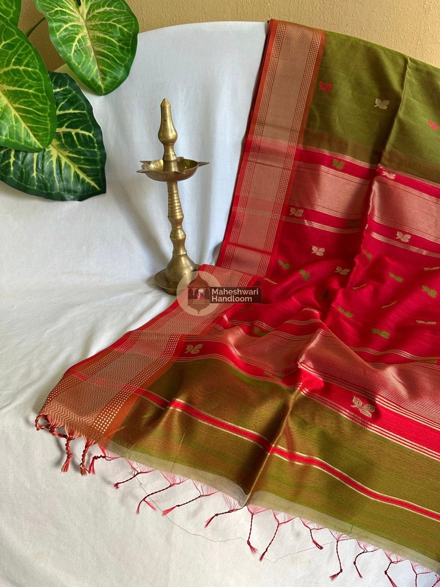 Maheshwari Mehendi Green Resham Thread Butti Saree 012