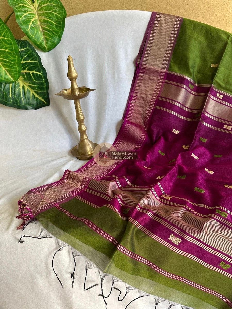 Maheshwari Mehendi Green Resham Thread Butti Saree 01