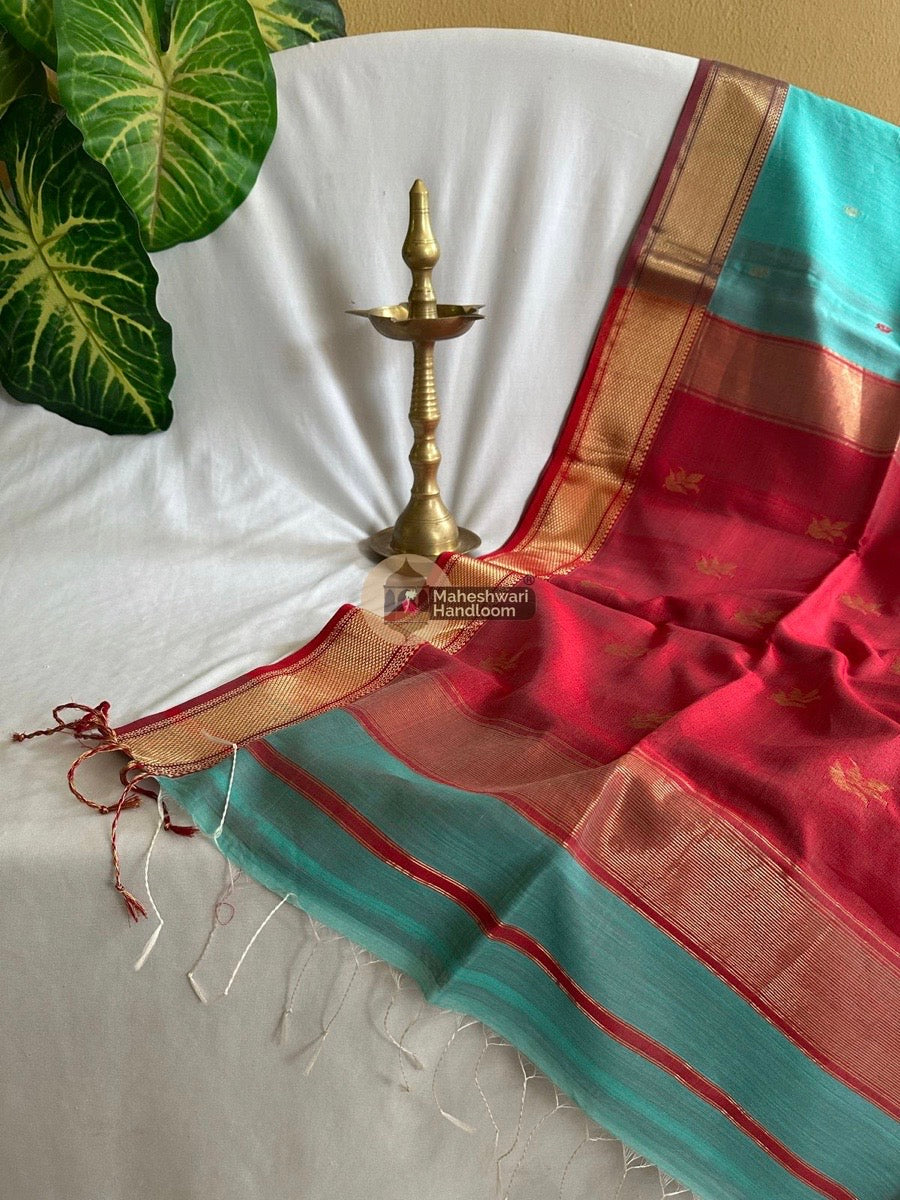 Sea Green Butta Pallu Zari Border Maheshwari Saree 07