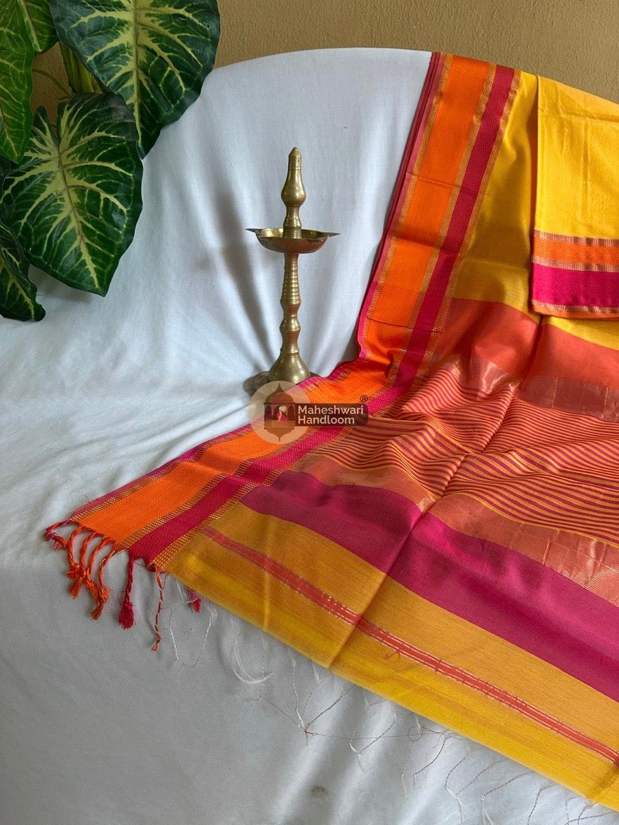 Maheshwari Turmeric Yellow Ganga Jamuna Rewa Border Saree 09