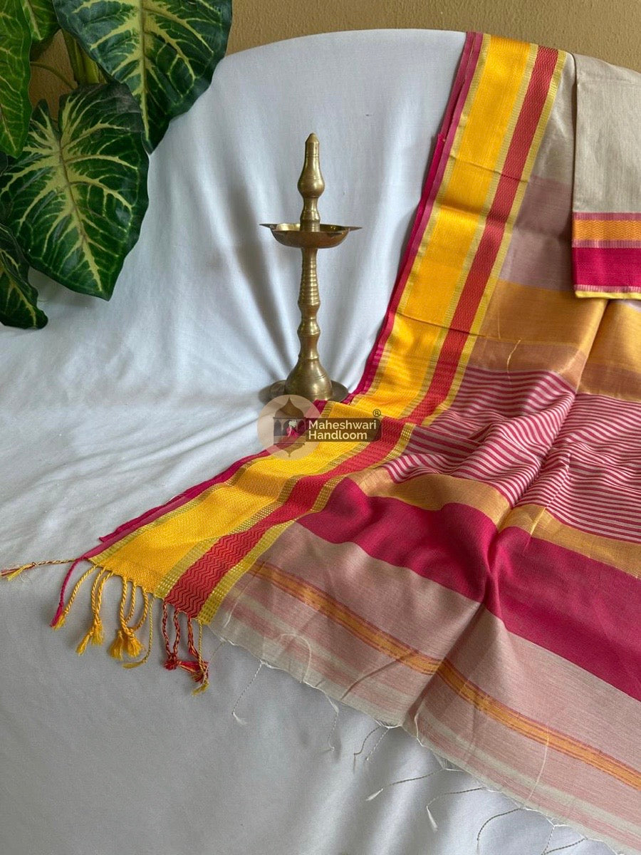 Maheshwari Beige Ganga Jamuna Rewa Border Saree 028