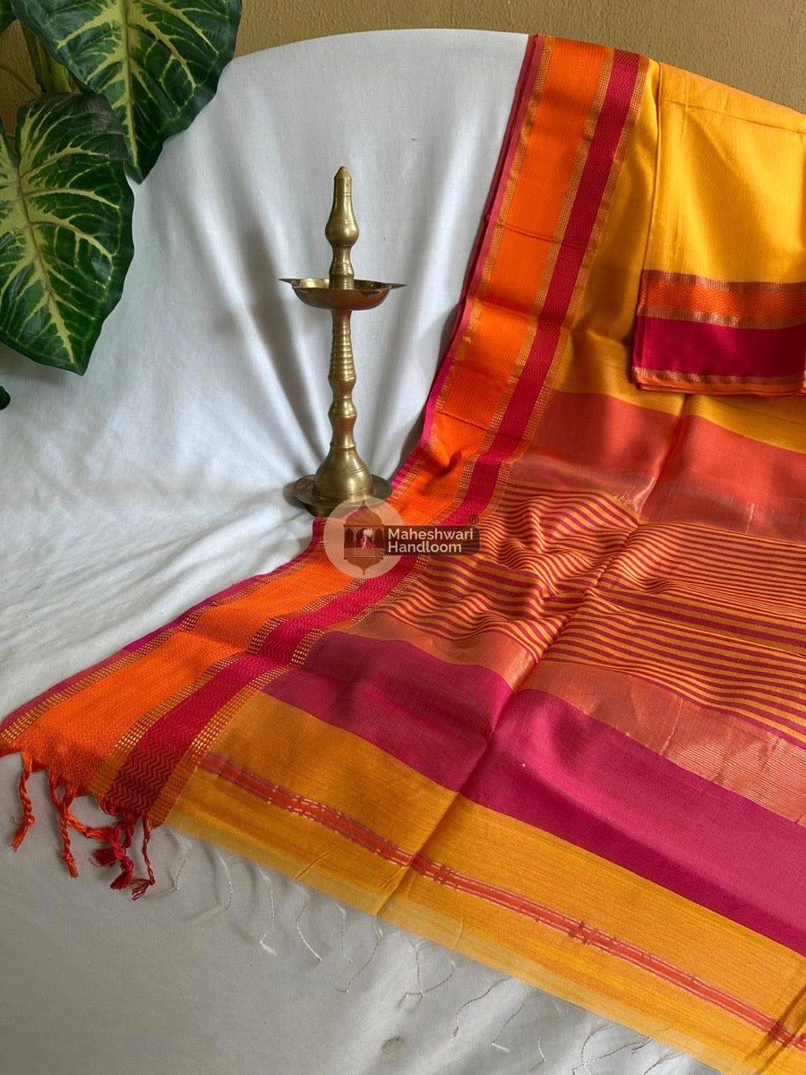 Maheshwari Golden Yellow Ganga Jamuna Rewa Border Saree 024