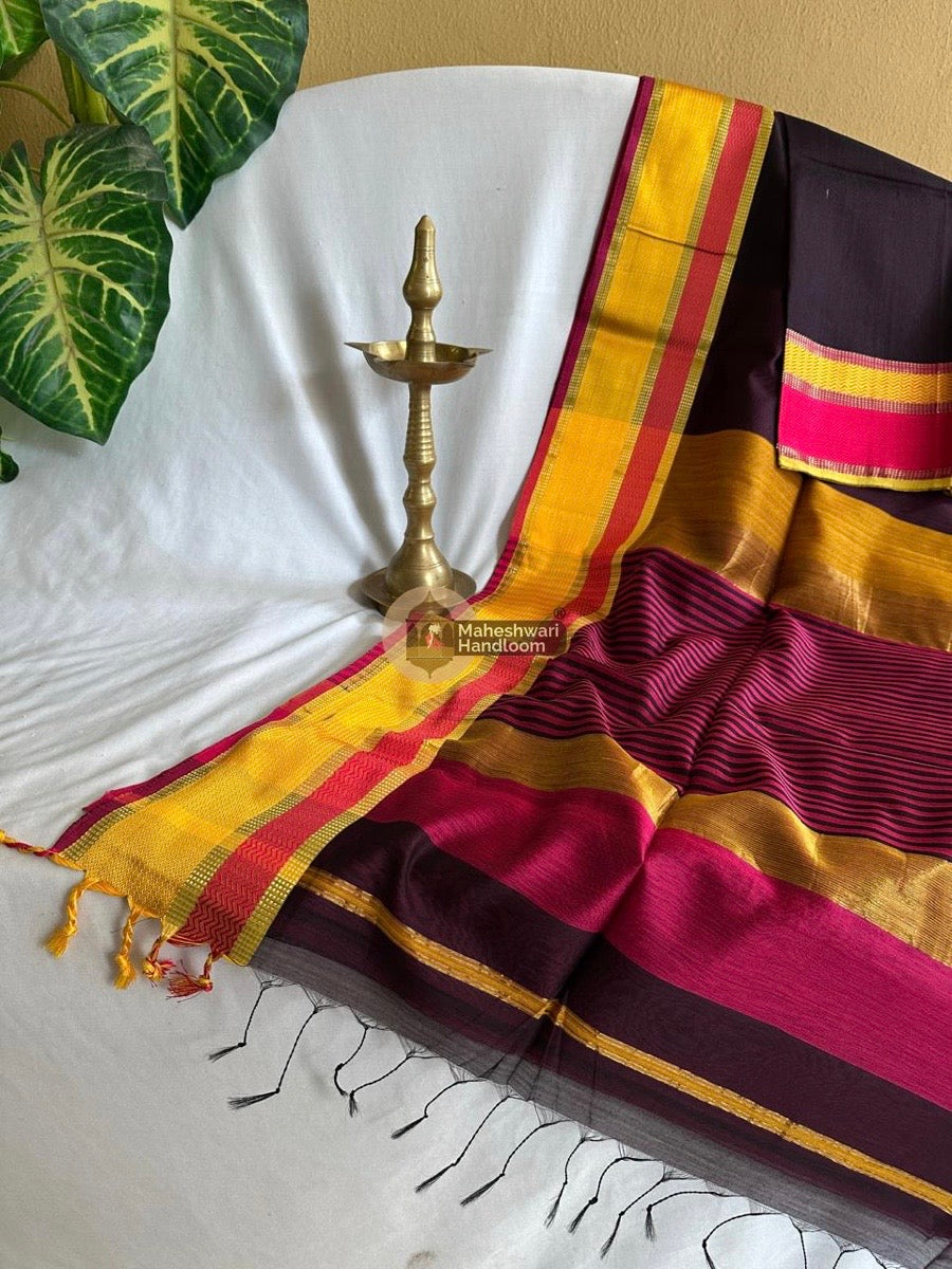 Maheshwari Dark Brown Ganga Jamuna Rewa Border Saree 026