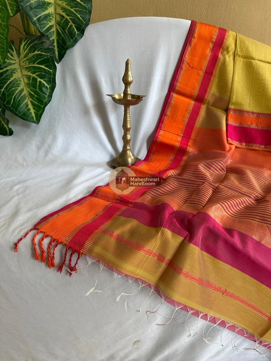 Maheshwari Yellow Ganga Jamuna Rewa Border Saree 029