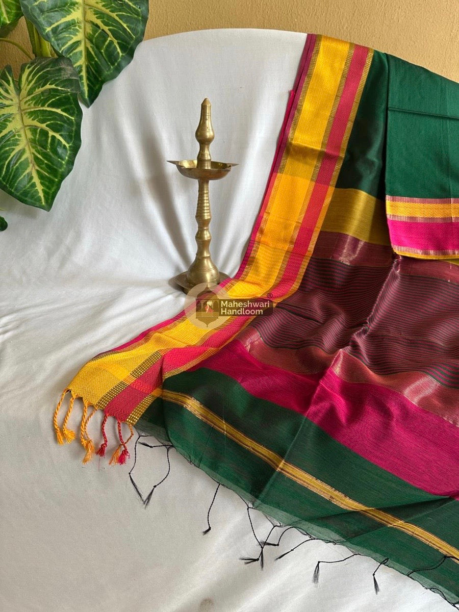 Maheshwari Green Ganga Jamuna Rewa Border Saree 016