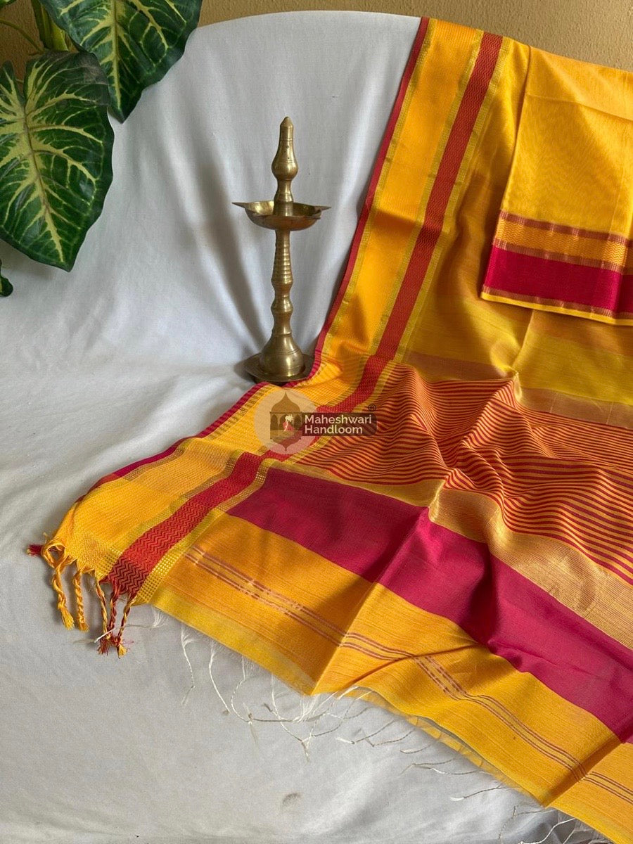 Maheshwari Yellow Ganga Jamuna Rewa Border Saree 025