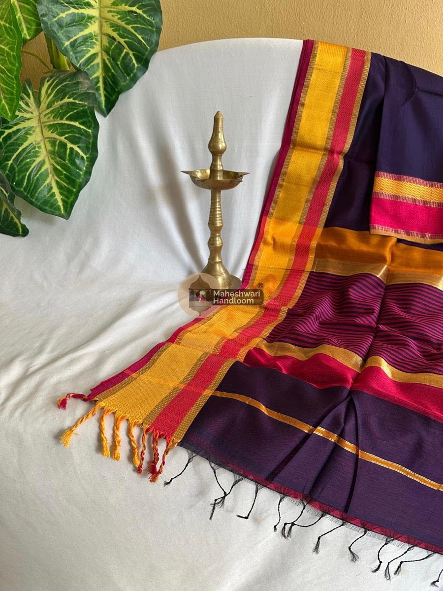 Maheshwari Dark Purple Ganga Jamuna Rewa Border Saree 014