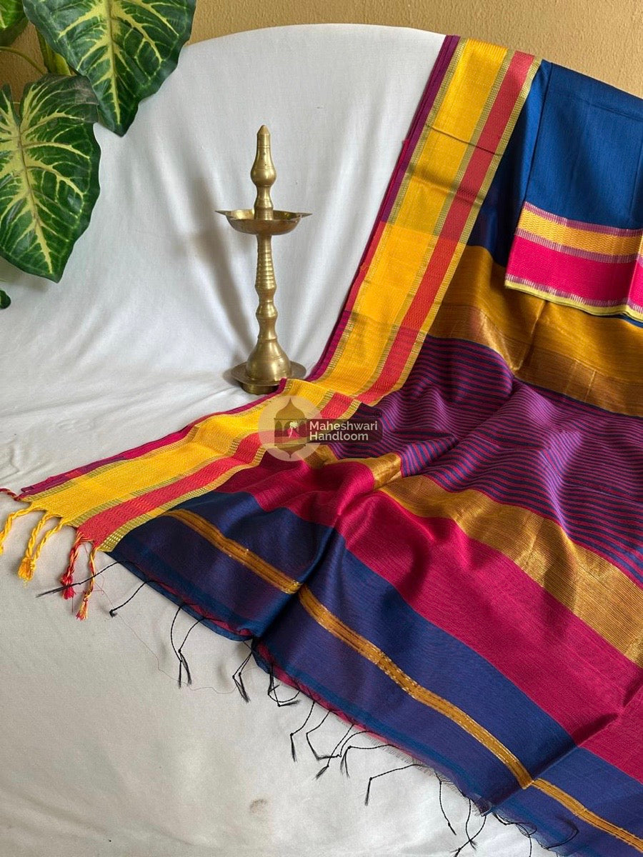 Maheshwari Blue Ganga Jamuna Rewa Border Saree 019