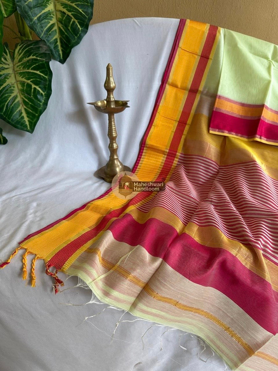 Maheshwari Light Pista Green Ganga Jamuna Rewa Border Saree 06