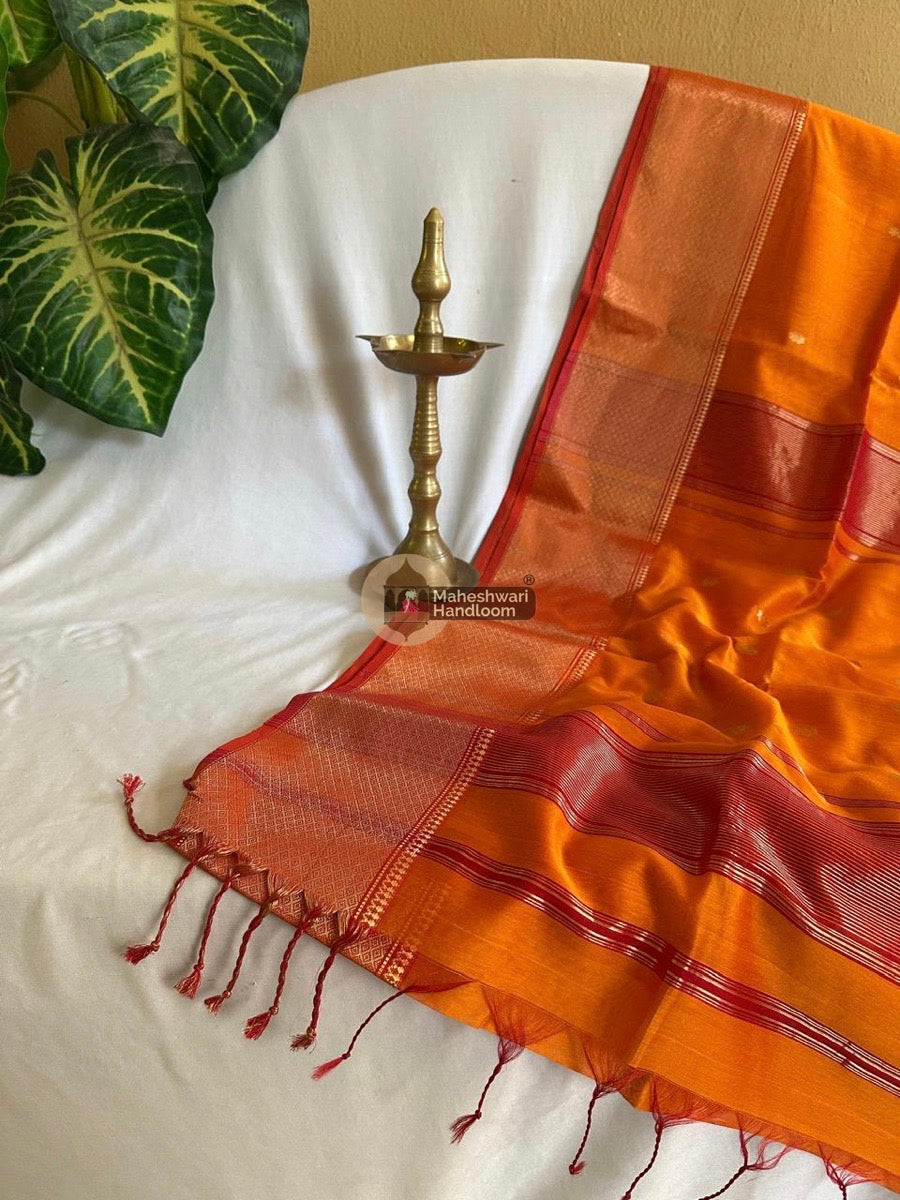 Maheshwari Turmeric Yellow Zari Skirt Butti Saree 051