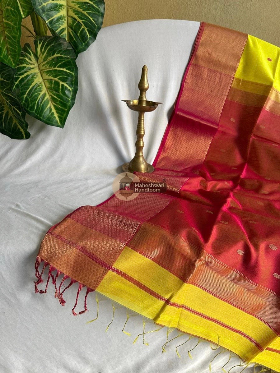 Maheshwari Lemon Yellow Zari Skirt Butti Saree 034