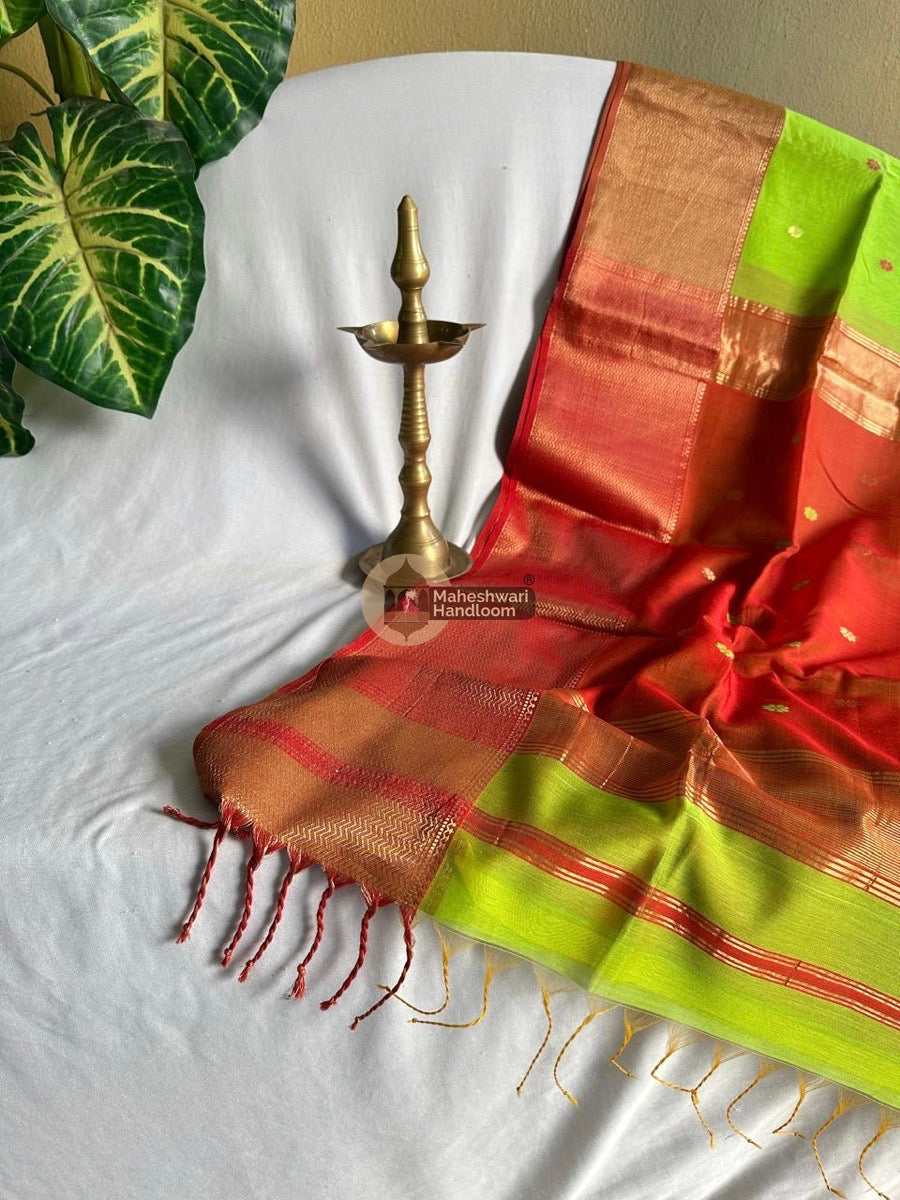 Maheshwari Parrot Green Zari Skirt Butti Saree 047