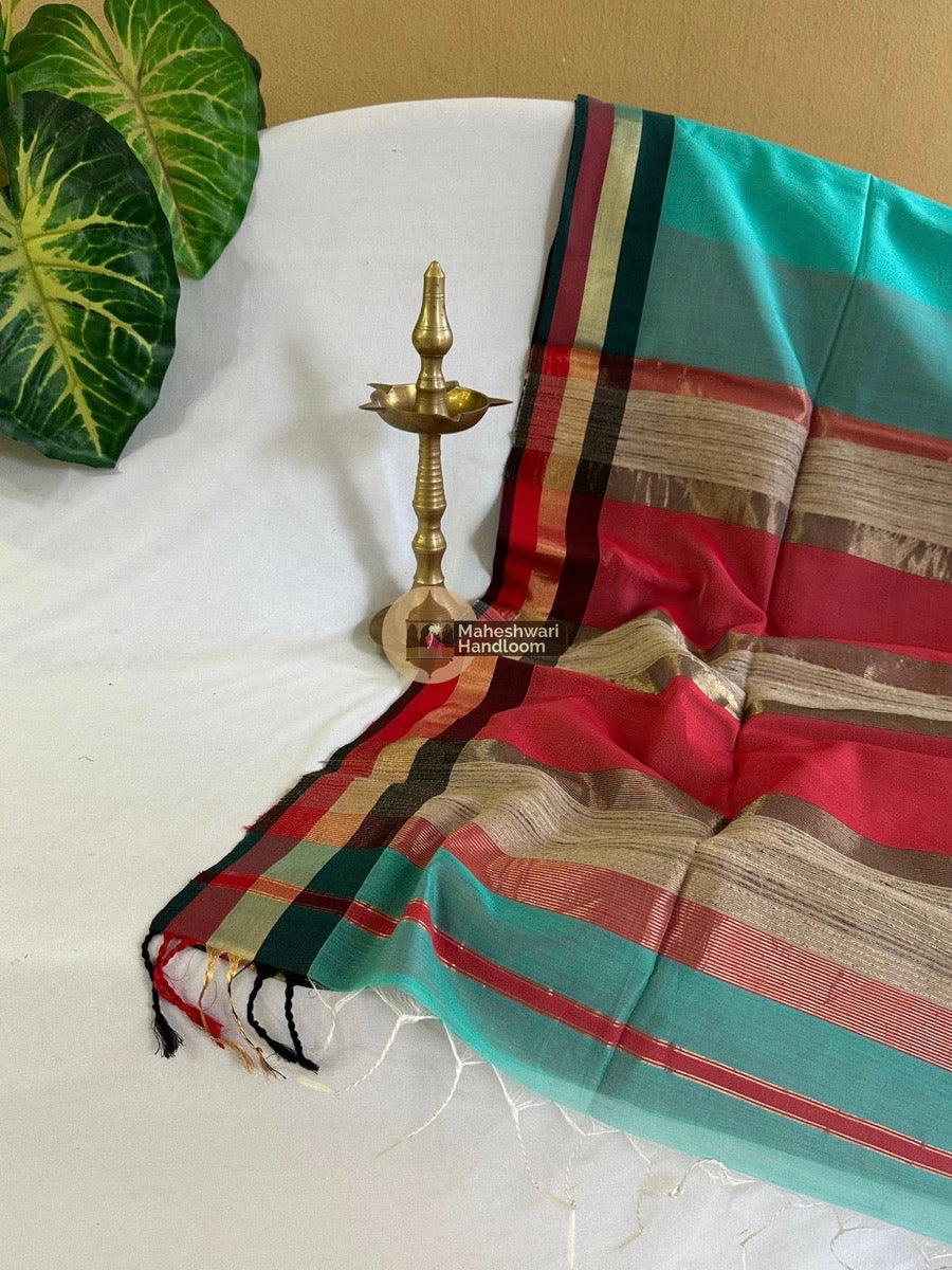 Maheshwari Aqua Green Teen Kinar Saree 02