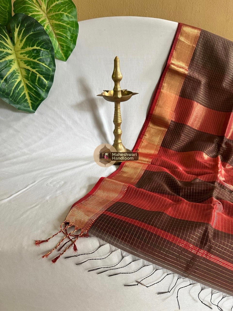  Brown Zari Checks Saree 0105