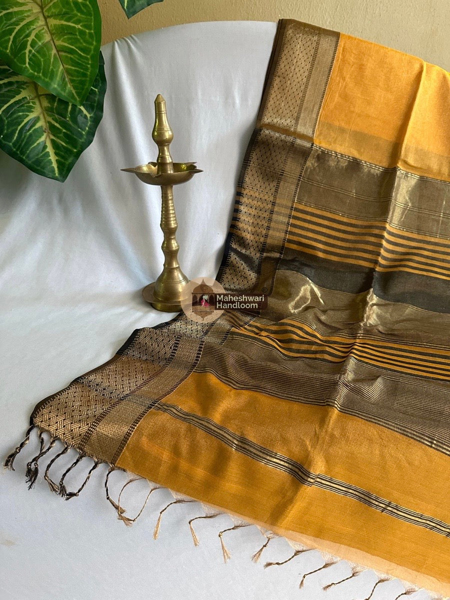 Maheshwari Mustard Yellow Tissue Silk Saree 08