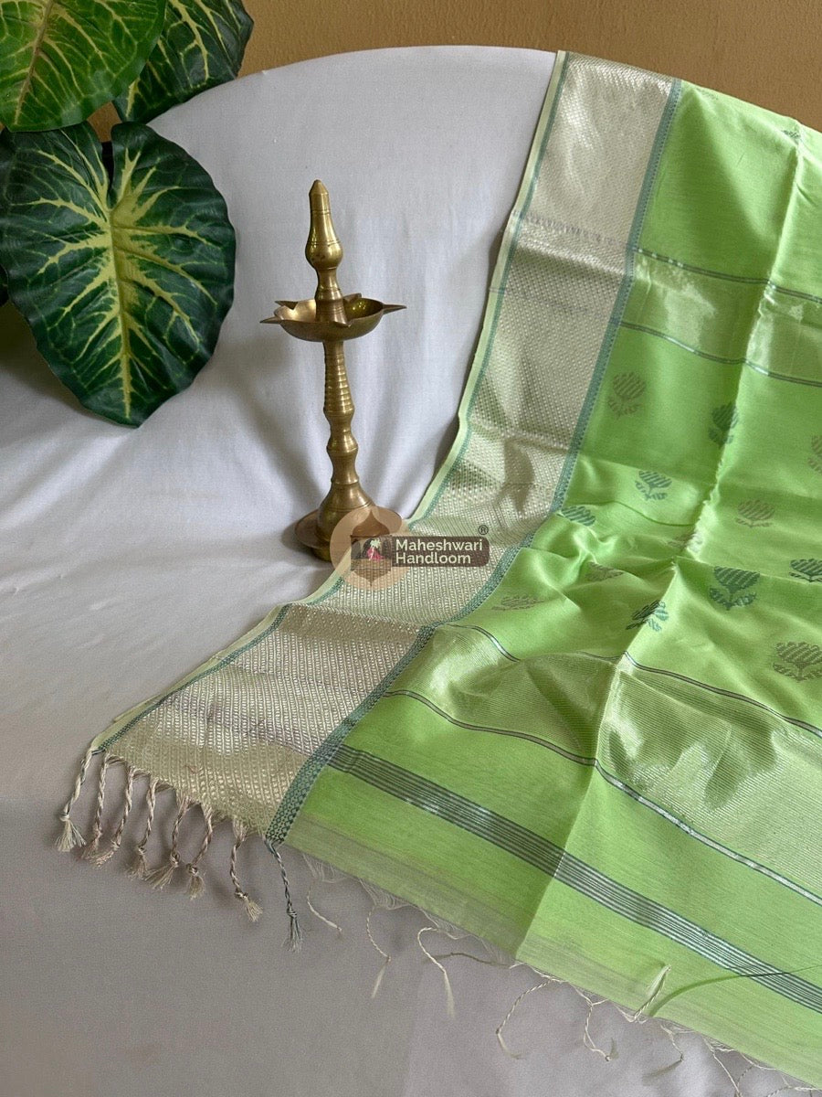 Maheshwari Pista Green Silver Zari Buta-Buti Saree 02