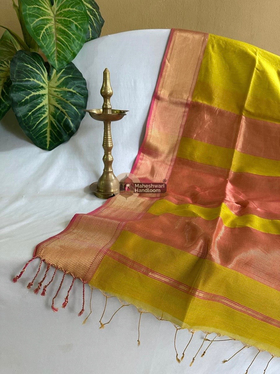 Maheshwari Neon Yellow Tissue Silk Saree 016