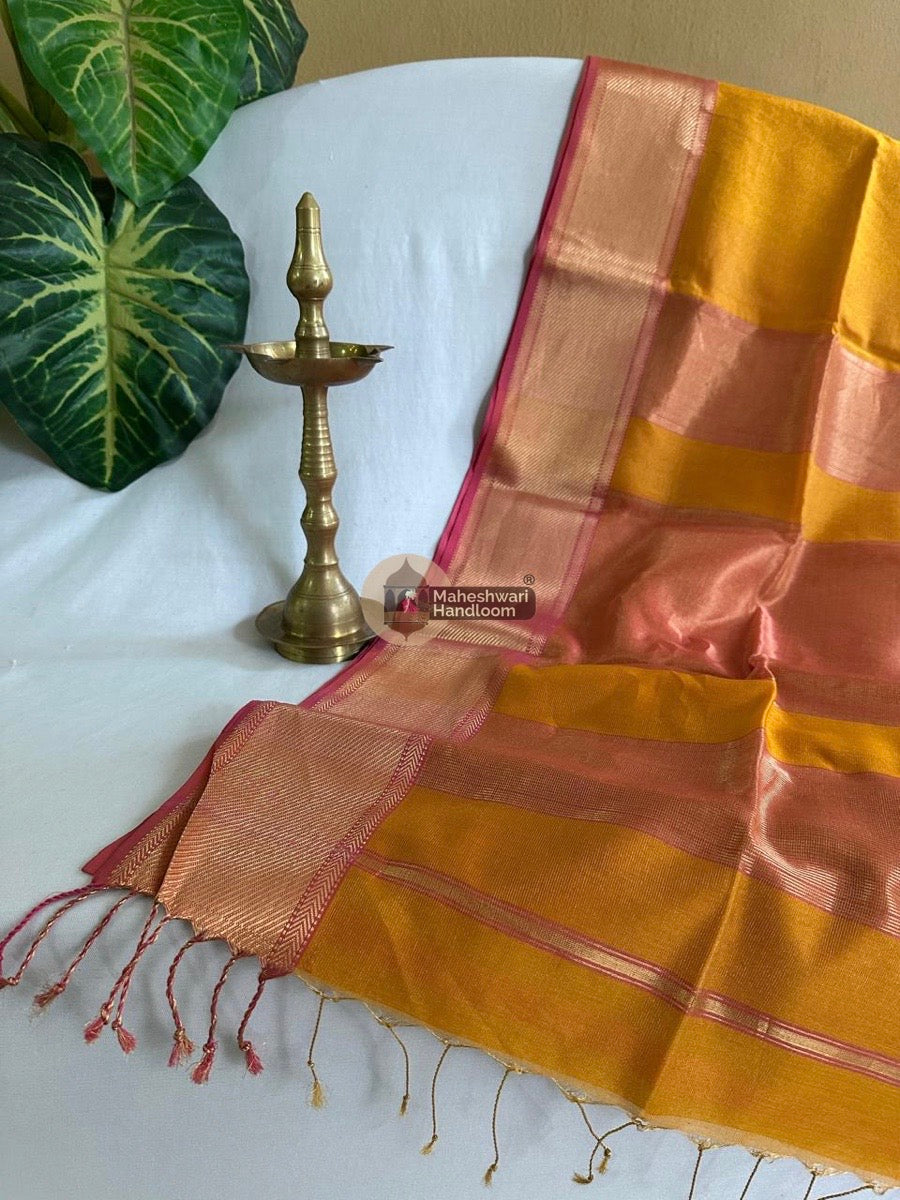 Maheshwari Turmeric Yellow Tissue Silk Saree 05