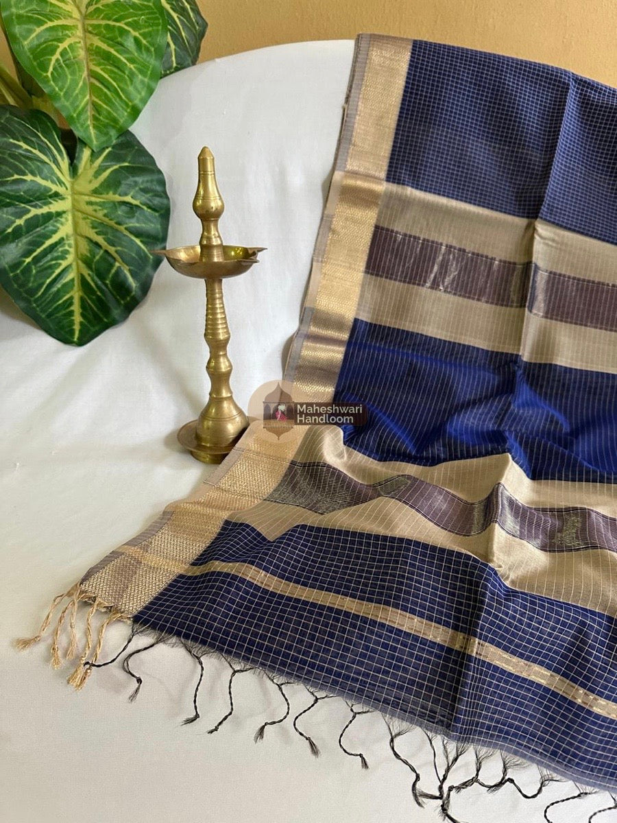 Maheshwari Navy Blue Mercerised Checkes Body Saree 010