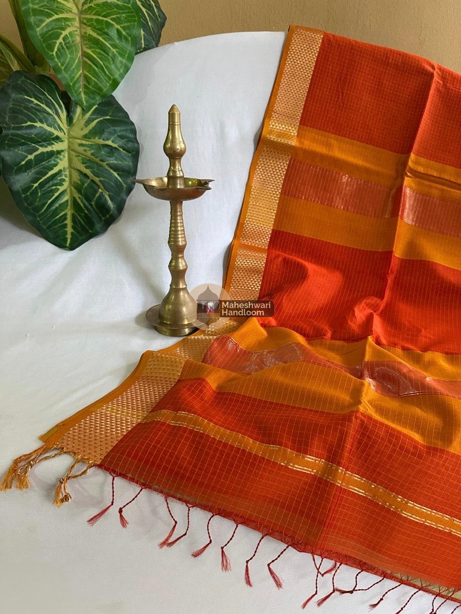 Maheshwari Rust Orange Mercerised Checkes Body Saree 09
