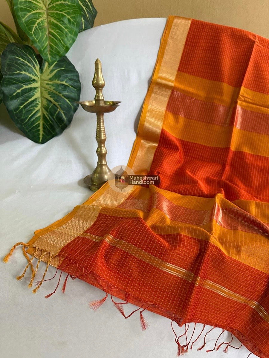 Maheshwari Orange Mercerised Checkes Body Saree 011
