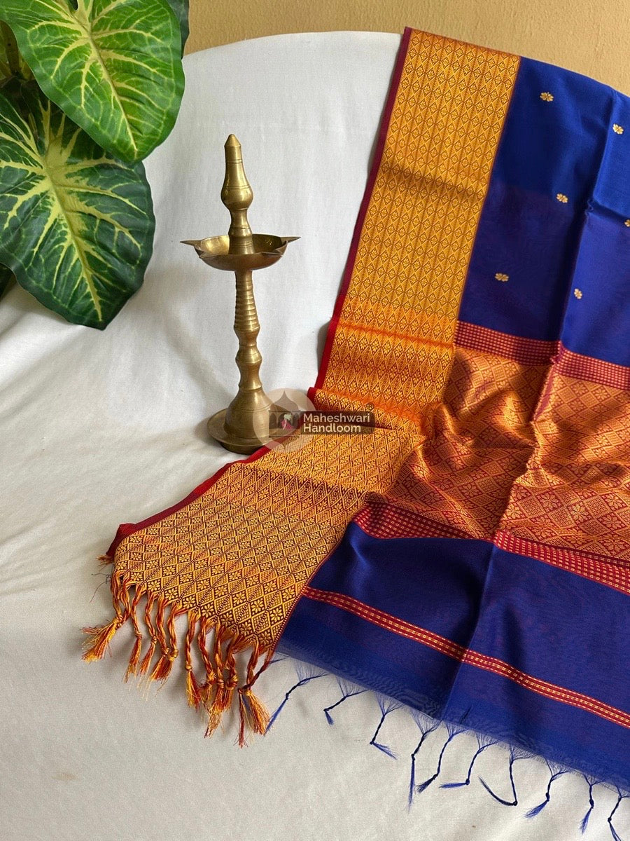 Maheshwari Royal Blue Resham Thread Rich Pallu Saree 01