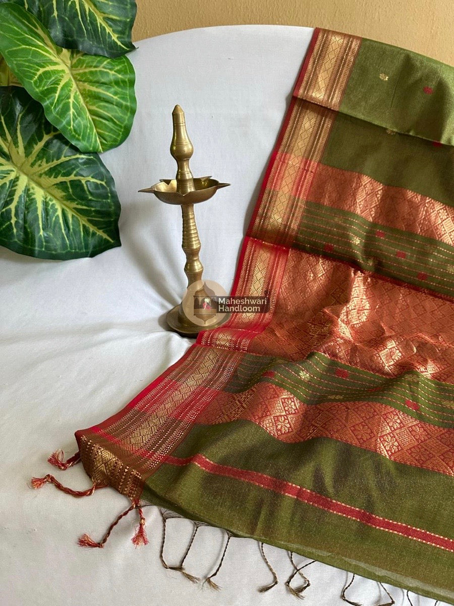 Maheshwari Mehendi Green Tissue Rich Pallu Saree 01