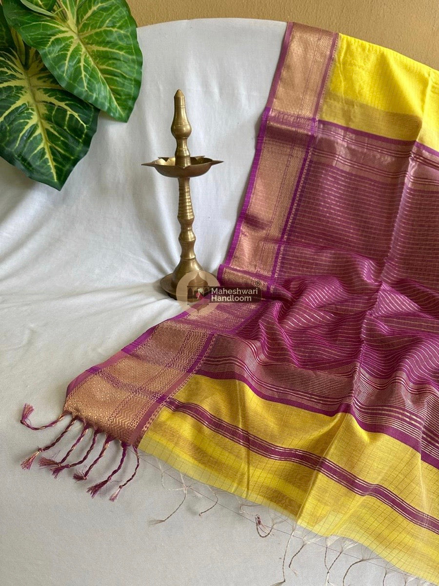 Maheshwari Lemon Yellow Zari Linning Saree 04