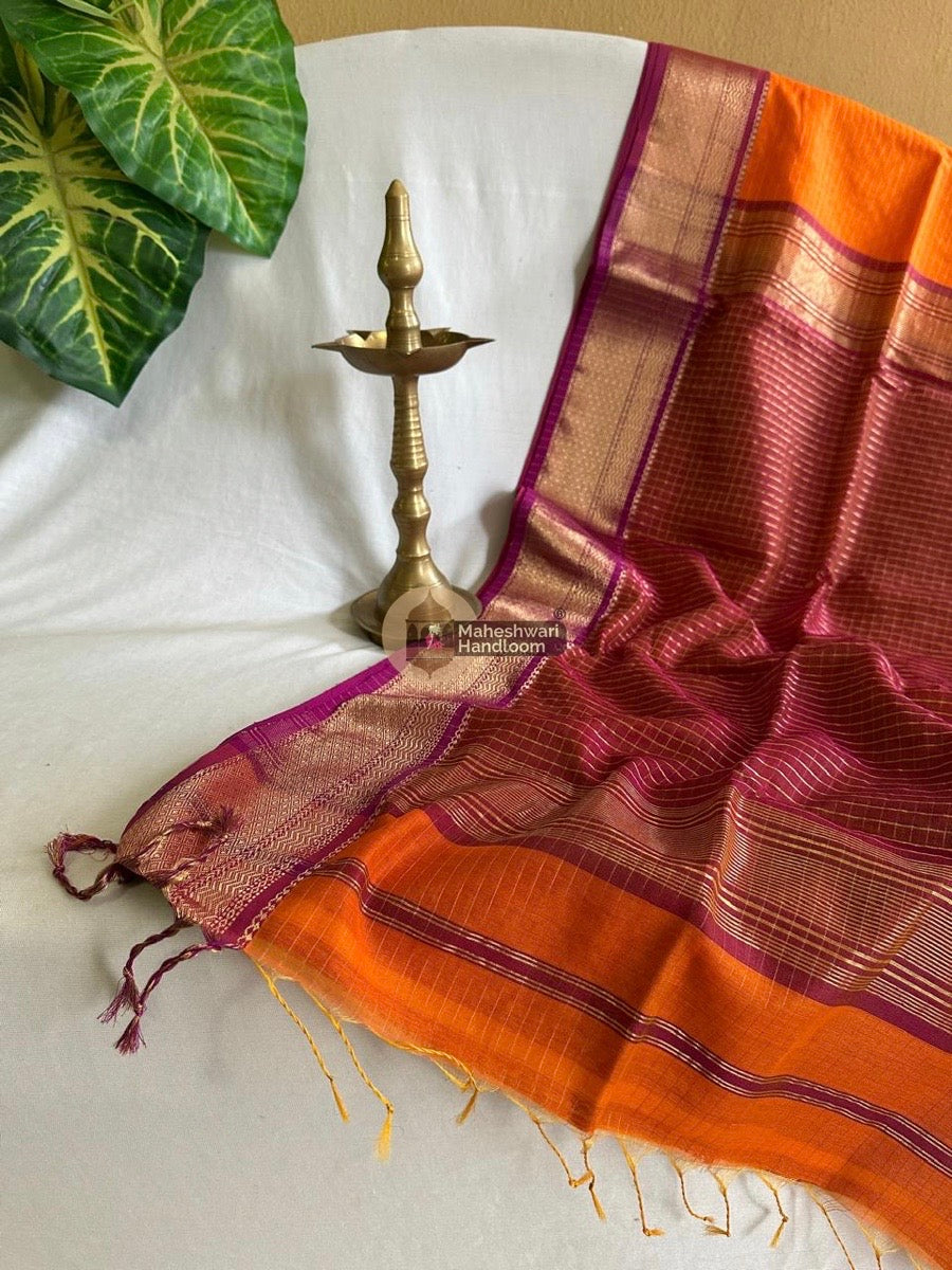 Maheshwari Orange Zari Linning Saree 010