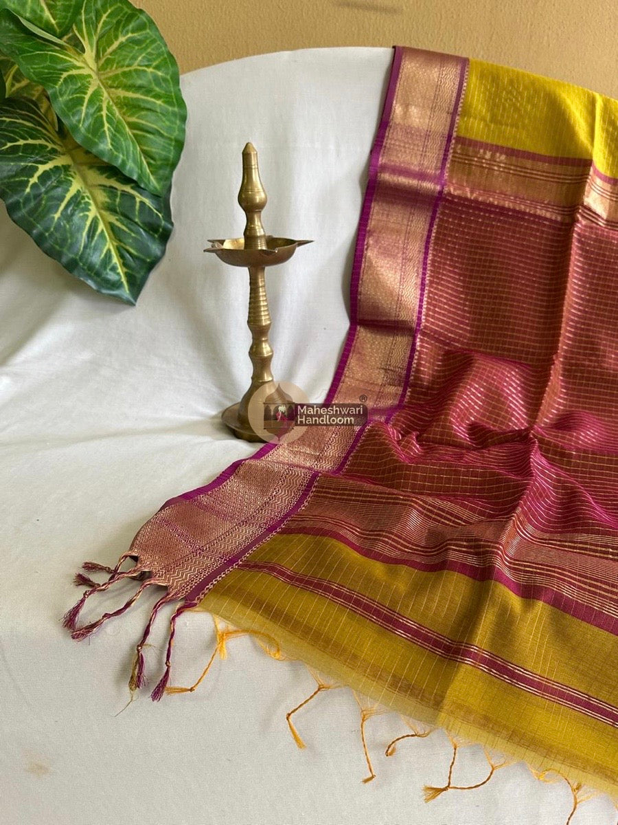 Maheshwari Mustard Yellow Zari Linning Saree 019