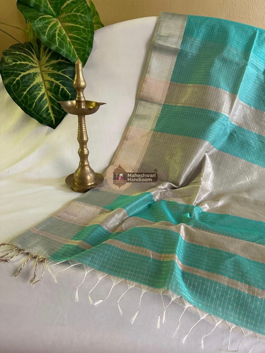 Maheshwari Aqua Green Silver Zari Checks Silk Saree 029