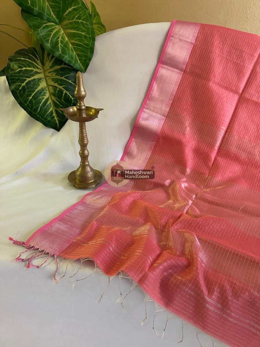Maheshwari Baby pink  Silver Zari Checks Silk Saree 014