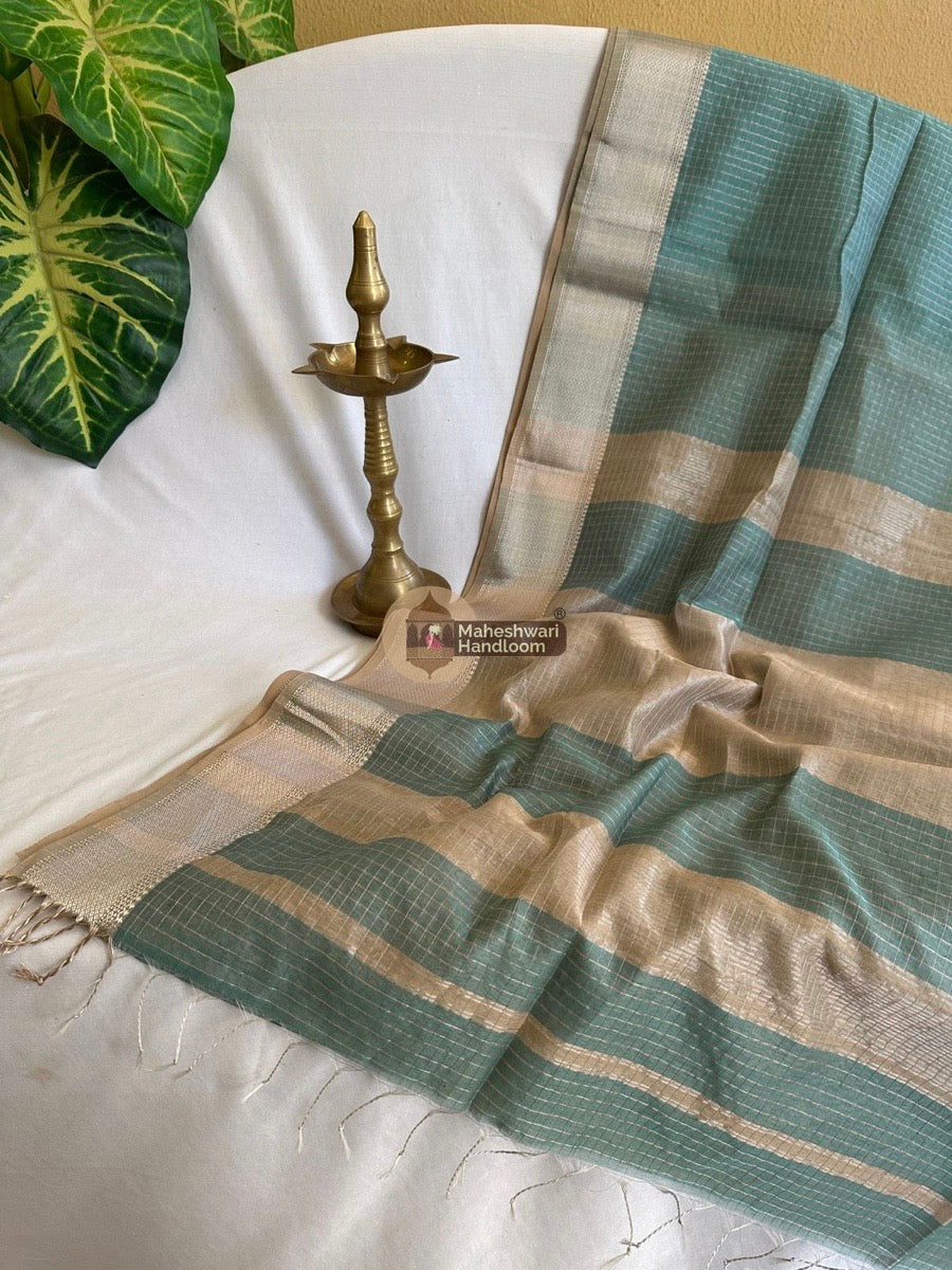 Maheshwari Sea Green Silver Zari Checks Silk Saree 024