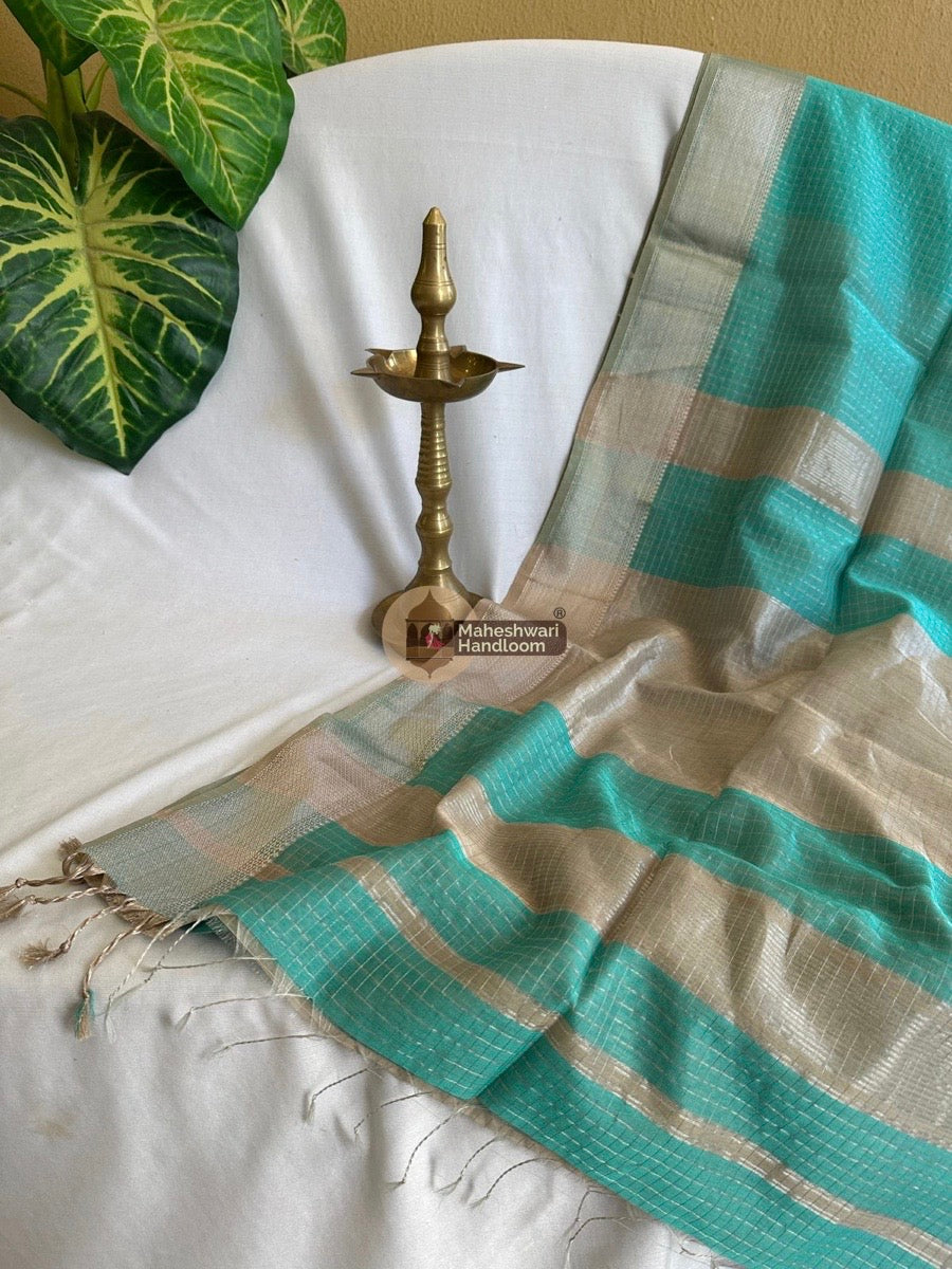 Maheshwari Sea Green Silver Zari Checks Silk Saree 027