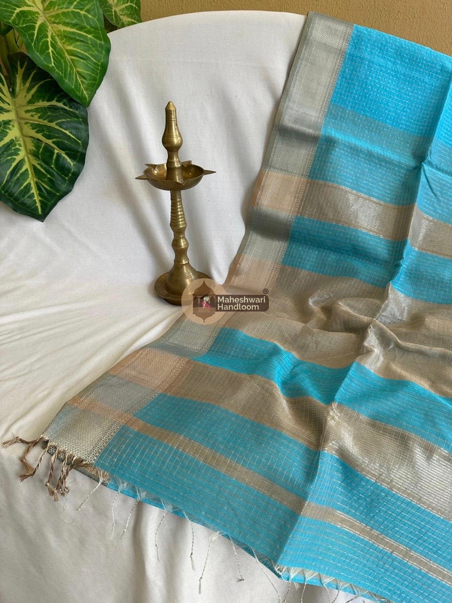 Maheshwari Sky Blue Silver Zari Checks Silk Saree 031