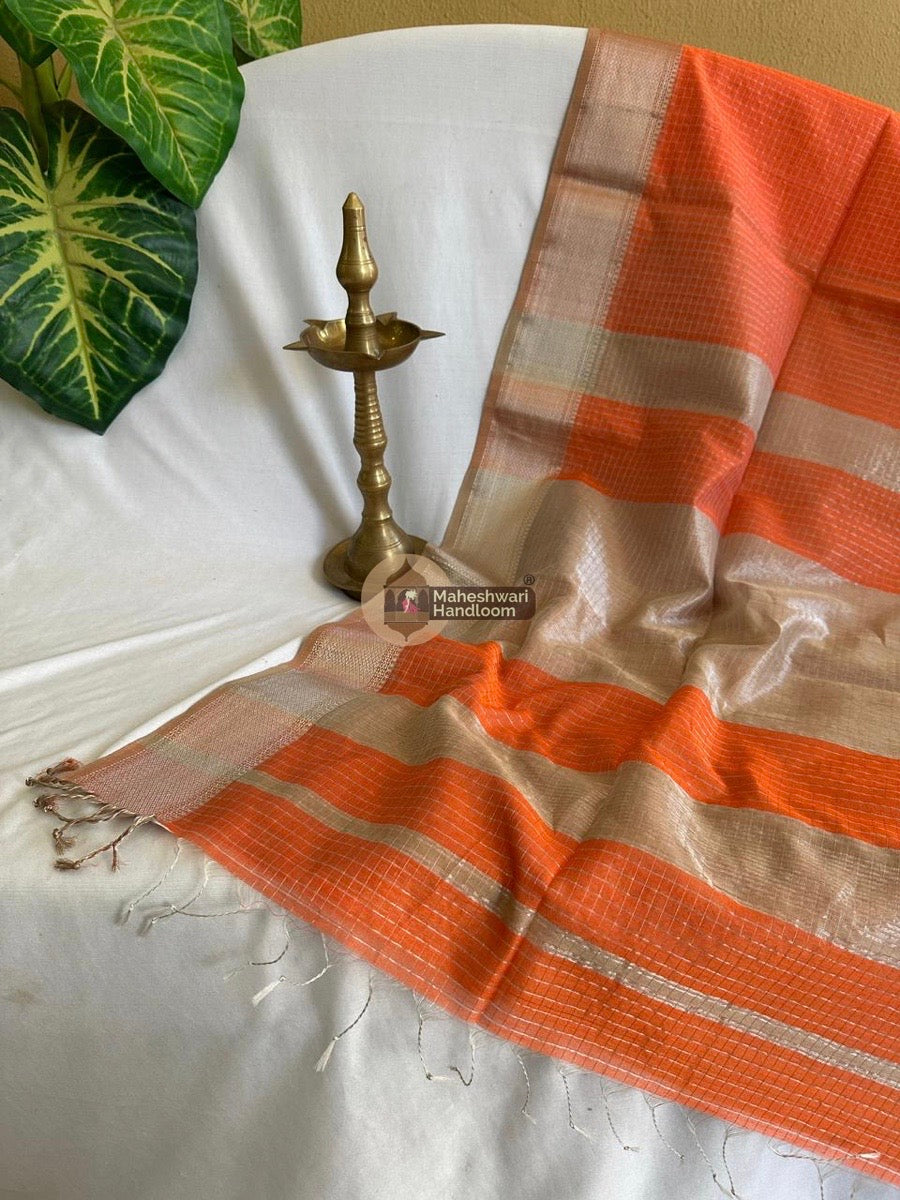 Maheshwari Orange Silver Zari Checks Silk Saree 028