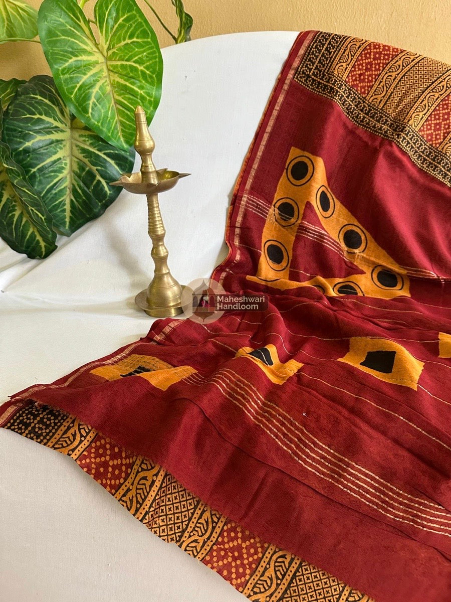 Maroon-Yellow Chanderi Silk Saree 01
