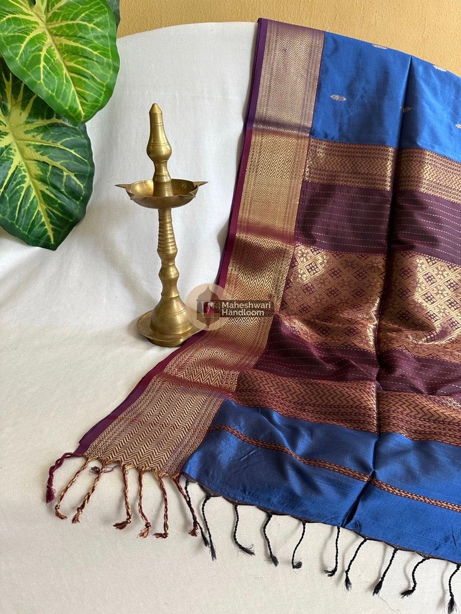 Maheshwari Blue Pure Mulbury Silk Saree 06
