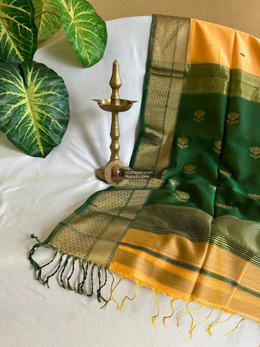 Maheshwari Mango Yellow Butta Pallu Zari Border Saree 03