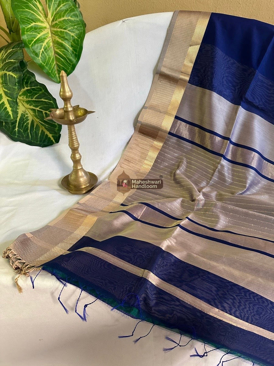 Maheshwari Navy Blue Resham Thread Border Saree 030