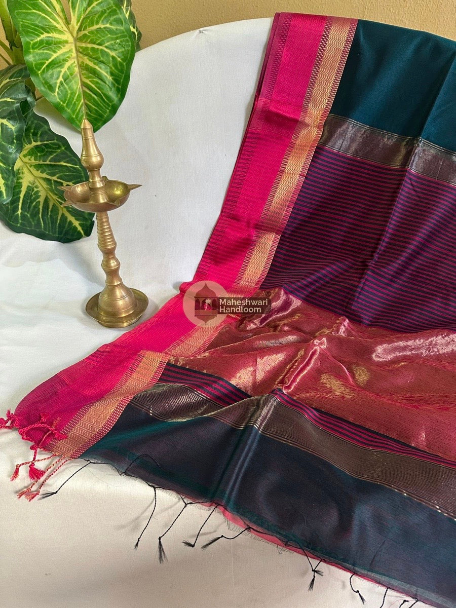 Maheshwari Rama Green Resham Thread Border Saree 01