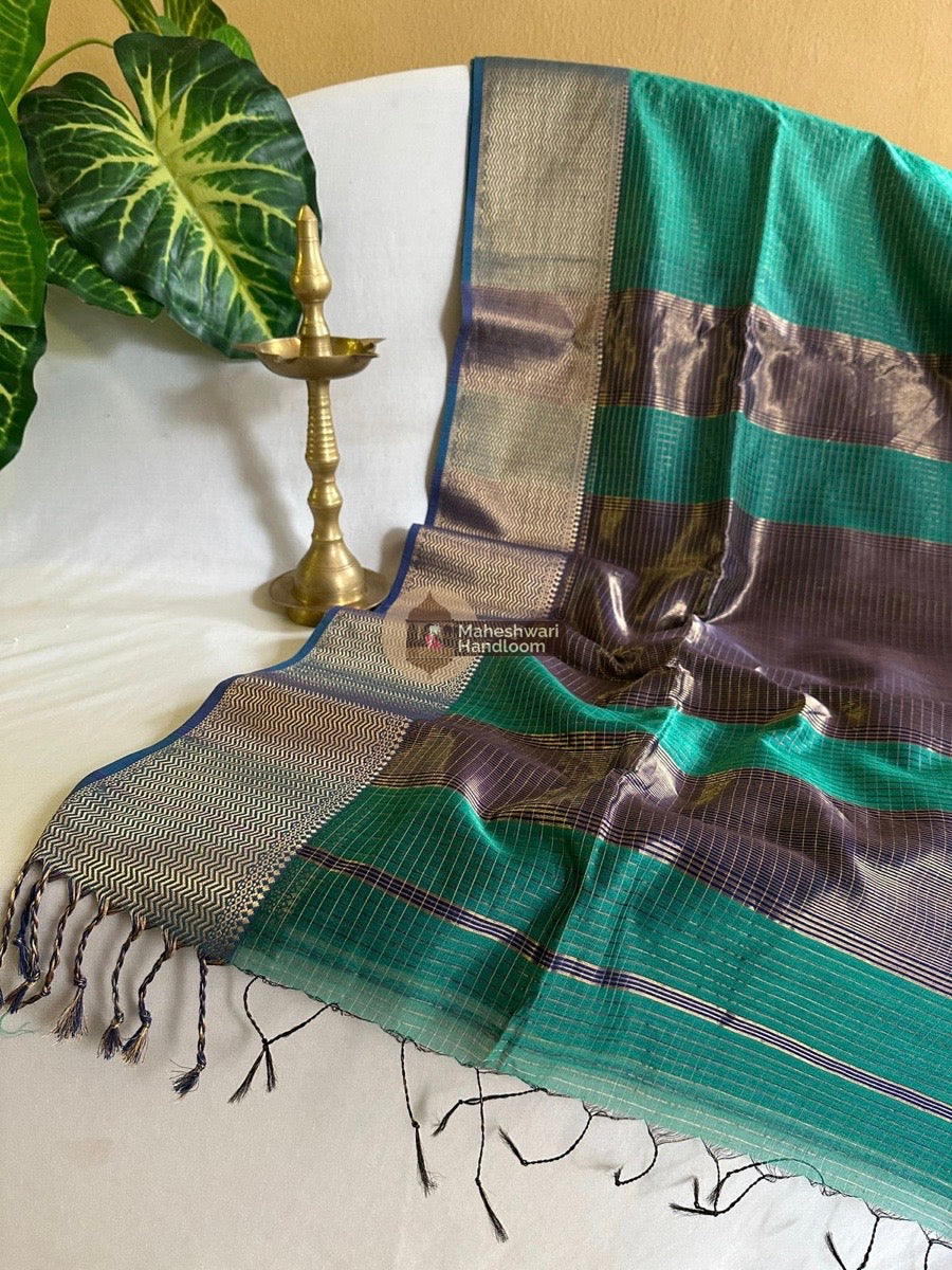 Maheshwari Teal Green Skirt Checks Saree 02