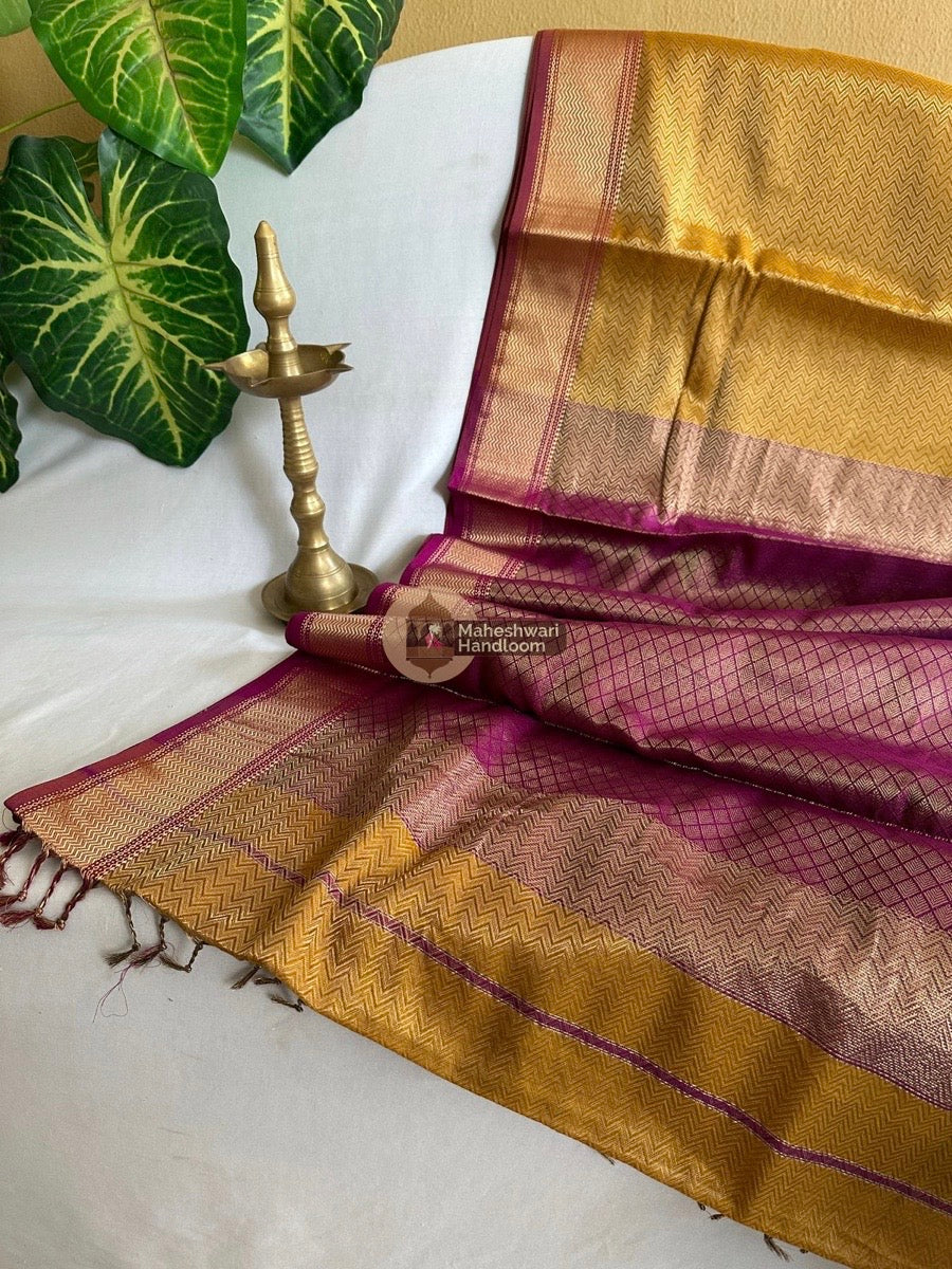Maheshwari Golden Yellow 4 Pedal Tissue Saree 010